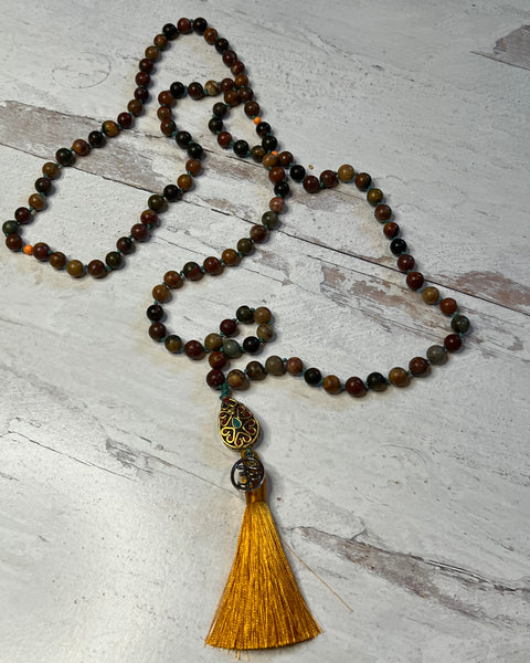 Mala Bead Necklace - Red Jasper / Lotus