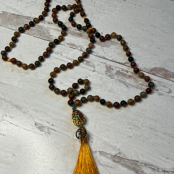 Mala Bead Necklace - Red Jasper / Lotus