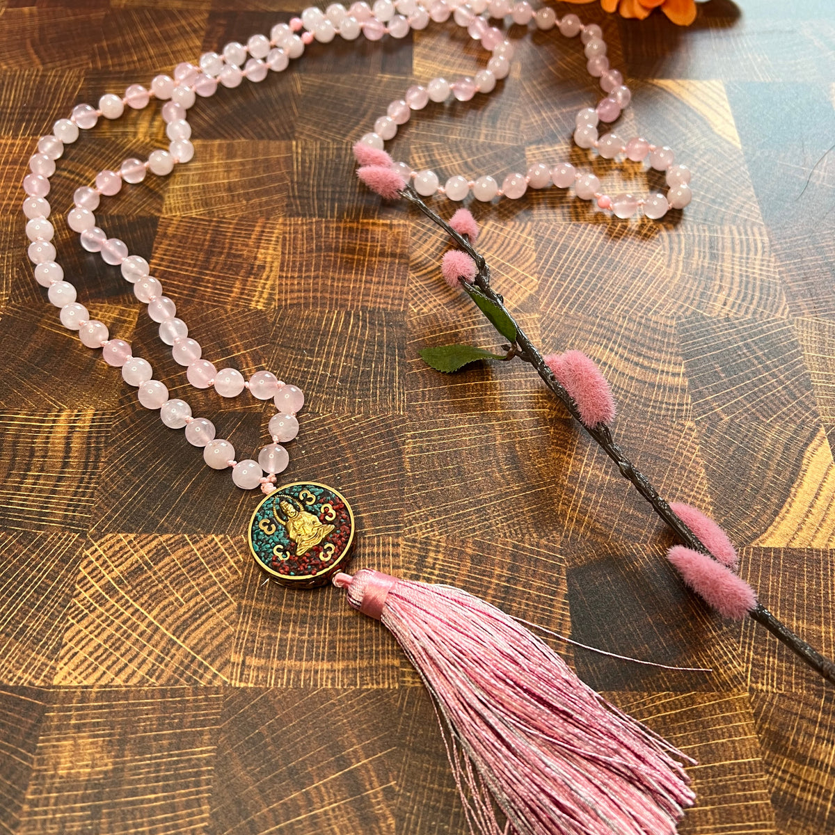 Mala Bead Necklace - Rose Quartz /Tibetan Brass