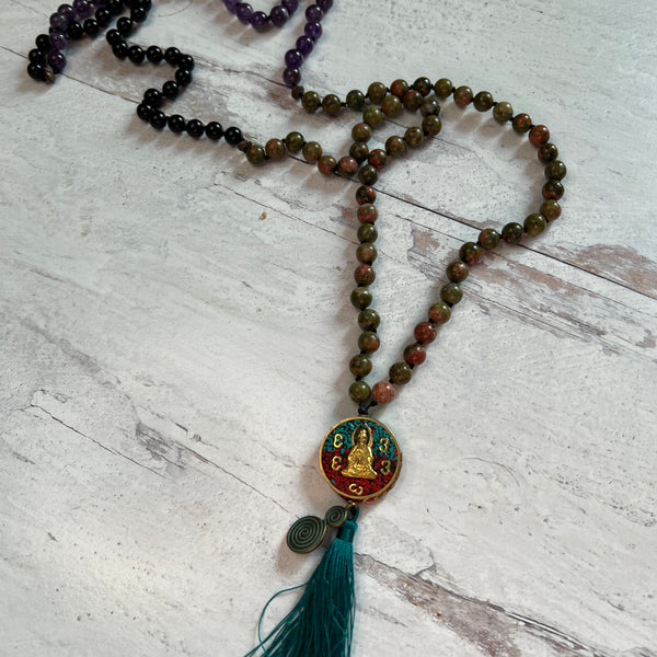 Mala Bead Necklace - Unakite, Amethyst, and Black Obsidian