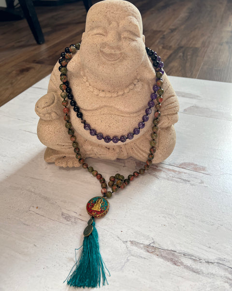 Mala Bead Necklace - Unakite, Amethyst, and Black Obsidian