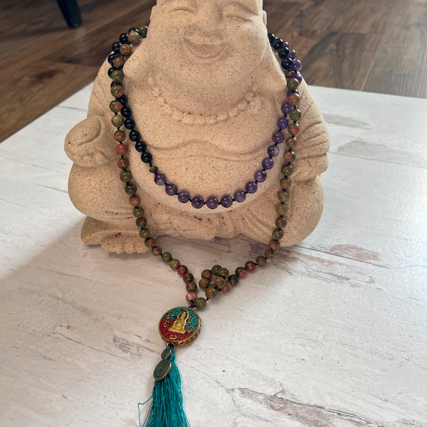 Mala Bead Necklace - Unakite, Amethyst, and Black Obsidian