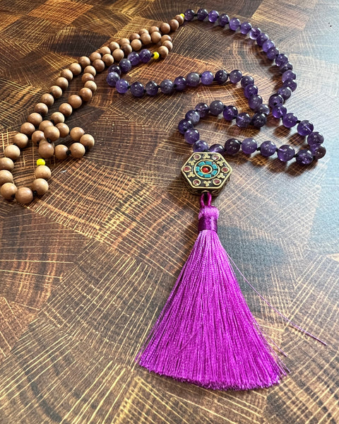 Mala Bead Necklace - Amethyst/Sandalwood