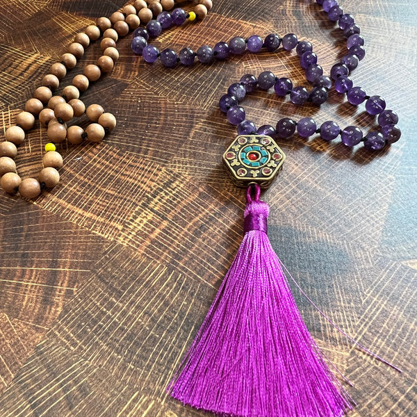 Mala Bead Necklace - Amethyst/Sandalwood