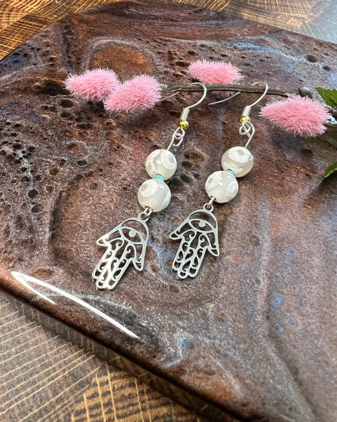 Earrings - Tibetan Agate White Eye / Hamsa hand